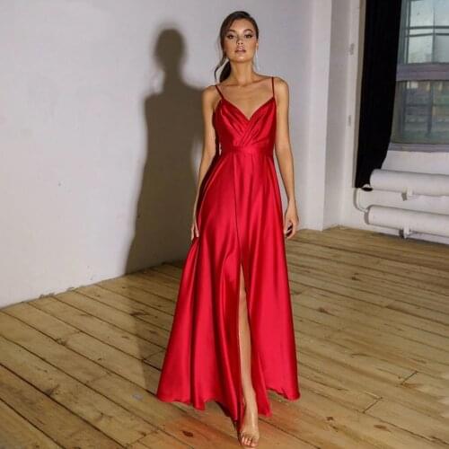 Elegant Red V-Neck Prom Dresses Spaghetti Straps Slit Sleeveless Long Formal Gowns Backless A-Line Evening Dresses