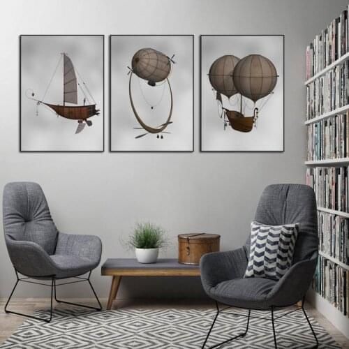 Canvas Painting Hot Air Balloon Steampunk Airship Wall Art Simple Slow Life Posters and Print Picture Modern Interior Room Decor