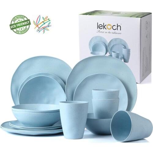 Bamboo tableware Set 16pcs Eco friendly Bamboo dinner Plates and Bowls set Bamboo Cups for Outdoor Camping Picnic BBQ
