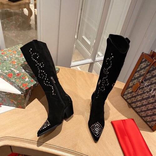 2021 Newest Winter Shoes Woman Chelsea Boots Retro Cow Suede Knee High Boots Woman Pointed-Toes Spike Heels Boots Bota Feminina