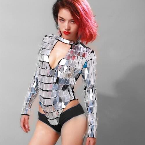 New Women Dance Costume Silvery Mirror Clothes Sexy Body Suit ds GoGo Dance Nightclub Mirror Jumpsuit Singer Stage CostumeVDB672