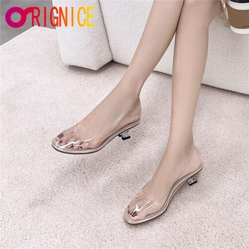 Orignice Clear PVC Transparent Pumps Strange Mid Heel Fashion Round Toe Womens Shallow Nightclub Party Shoes Large Size 34-42