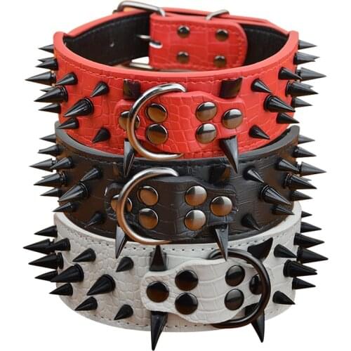 2‘’ Width PU Leather Dog Collar Medium Large Dog Collar Sharp Spike Studded Big Pet Dog Collars
