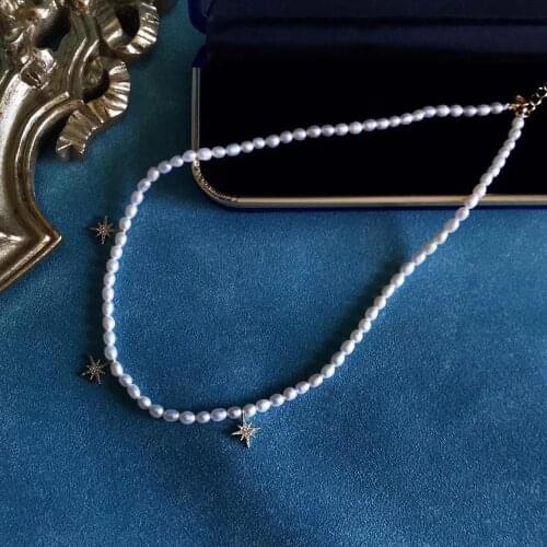 3.5-4mm Handpicked white freshwater pearls Necklace with Cross stars,Natural Heteromorphic Pearls women jewelry ornaments