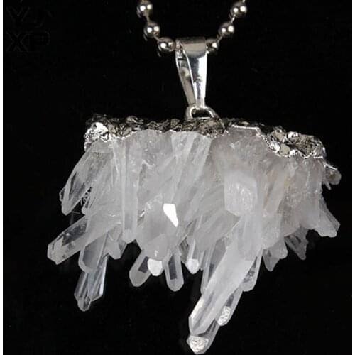 YJXP Irregular Shape Pendants Unique Natural Crystal Cluster Clear Quartzs Pendant Silver Plated Women Men Fashion Jewelry Gift