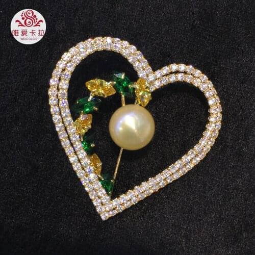 WEICOLOR Romatic Design Best Crystal Heart Shaped Brooch With Nice Freshwater Pearl