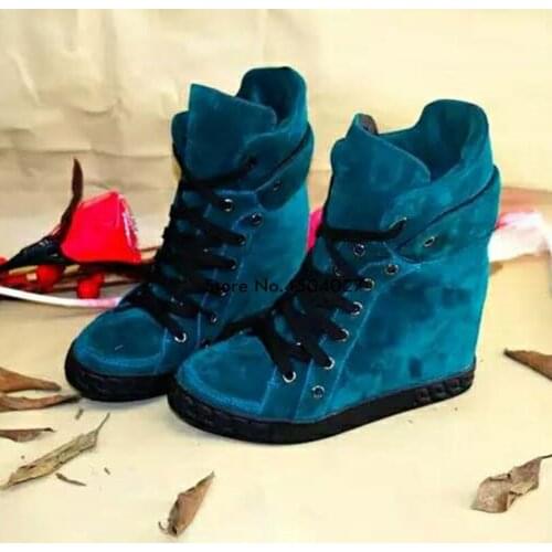 Women Lace Up Short Boots suede Leather Wedges Platform Boots Hidden Heel Shoes High Top Casual Shoes For Woman