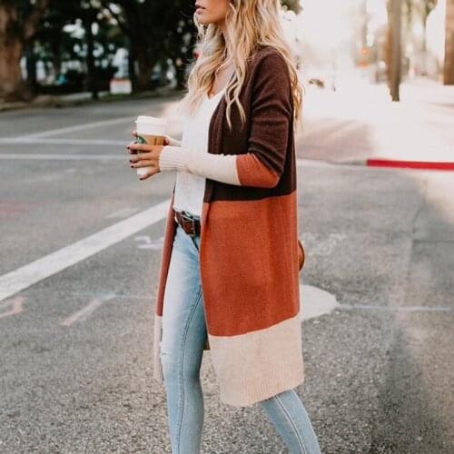 Women Long Cardigan Sweater Top Contrast color Long Sleeve loose knitting cardigan sweater Female Cardigan pull femme DZA002