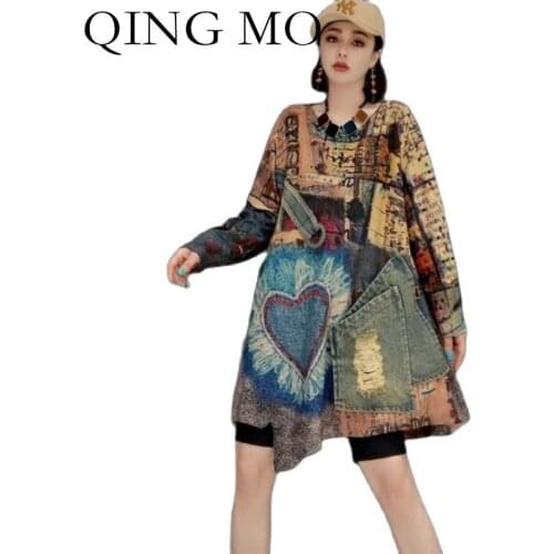 QING MO Autumn Fashion Sweater Women Denim Stitching Loose Large Size 2021 New Trend Pullover Knitted Sweater Dress ZWL394