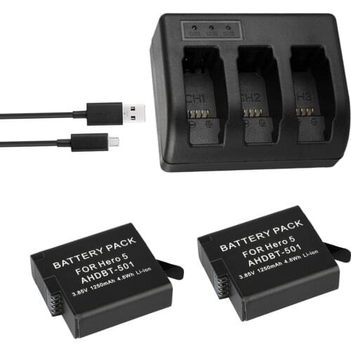 2pcs 1250mAh bateria GoPro hero 5 AHDBT-501 battery pack + 3-Slot USB Charger for Gopro Go Pro 5 hero 5 black camera accessory