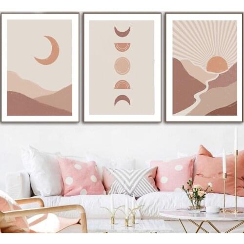 Boho Abstract Poster Landscape Modern Sun Mountain Terracotta Wall Art Print Moon Canvas Painting Minimalist Decor for Home