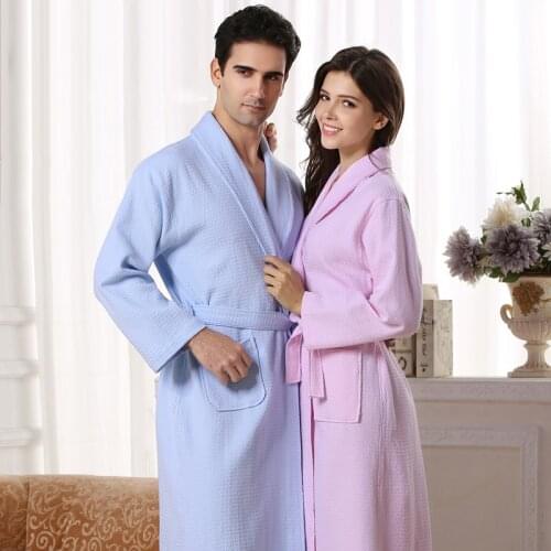 Spring summer item thin cotton waffle bathrobe lovers bathrobe long design robe