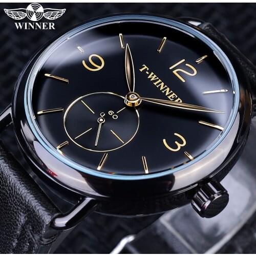 Winner Classic Black Golden Mechanical Watches Top Brand Luxury Mens Clock Waterproof Small Dial Design Black Genuine Leather
