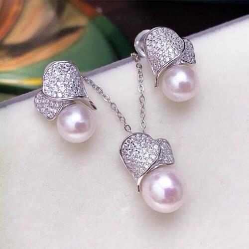 Heart Shape S925 Sterling Silver Pendant Earrings Set Mounts Findings Jewelry Set Parts Fittings Womens Accessories for Pearls