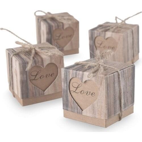 Brown Gift Candy Boxes with Rope Hearts in Love Candy Boxes Wedding Favors Gift Box Wedding Party Favor Decoration 100pcs/lot