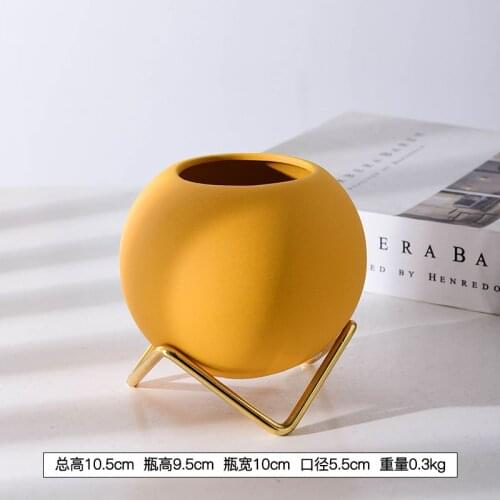 Round Ceramic Flowerpot Ceramic Vase With Wrought Iron Holder For Home Decor Dark Blue