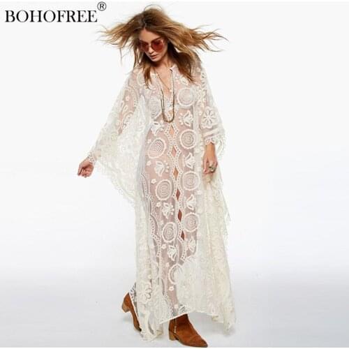 Lace Hollow out Long Dress Bohemian Sexy Solid Full Flare Sleeves Long Women Cover-ups Kimono