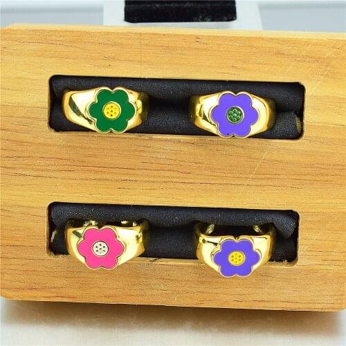 Small Red Flower Rings Mens and Womens Open Adjustable Rings Enamel Flower Shaped Jewelry Small Sunflower Enamel Rings