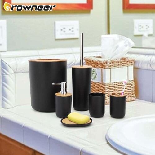 Fashion Bathroom Accessories Set 6Pcs Bamboo Toothbrush Holder Soap Dispenser Toilet Brush Trash Can Bathroom Essential Set