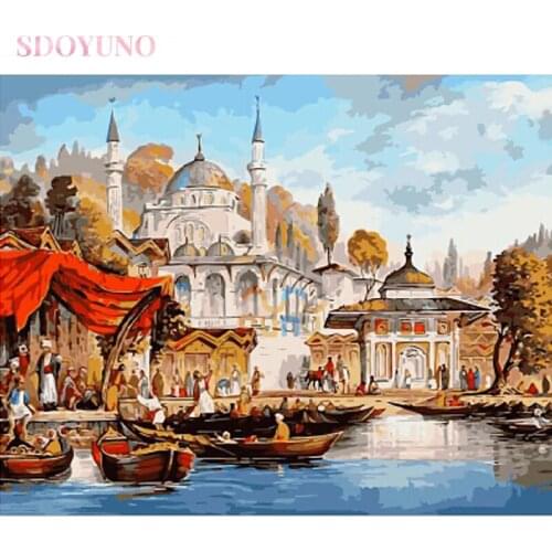 SDOYUNO acrylic painting by numbers kit with frame for adults 40x50cm Frameless European castle seascape art oil Home Decoration