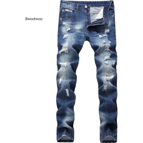 2020 New Fashion Ripped Jeans Men Patchwork Hollow Out Printed Cropped Pants Man Cowboys Demin Pants