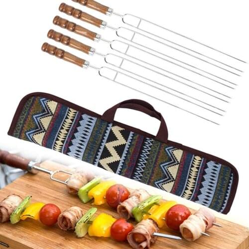 New 5pcs Barbecue Skewers Set Stainless Steel BBQ Skewers With Wooden Handle Reusable Metal Grill Kabob Skewer Sticks For Shish