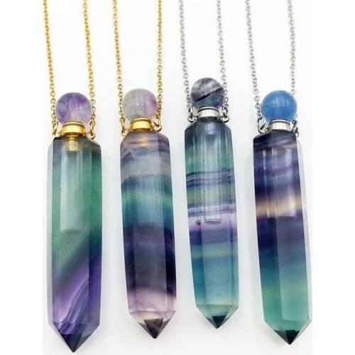Natural fluorite Essential Oil Bottle necklace Rainbow Fluorite pendant charm Jewelry Perfume Bottle Hexagon prism vials