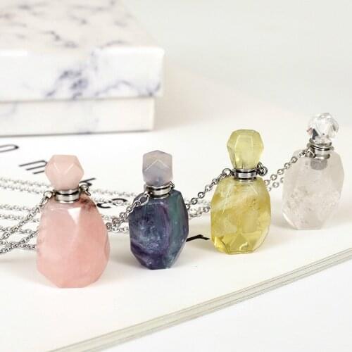 Natural Stone Perfume Bottle Pendant Necklace Stainless Steel Crystal Essential Oil Bottle Necklace Gem Perfume Bottle Pendant