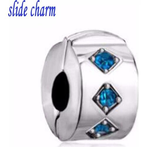 Slide charm Free shipping Blue crystal buckle amulet Charm Spacers fit Pandora bracelet