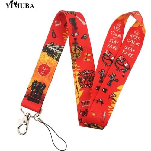 Fireman Lanyards Keychain Fire Dept. Firefighter Logo Key Straps Keep Calm and Stay Safe Mobile Phone Hang Rope Neckband Keyring