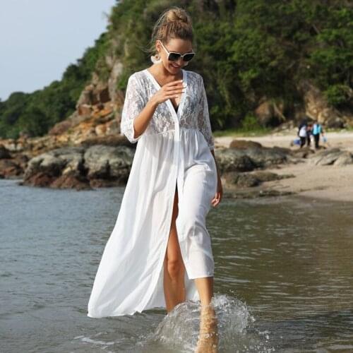 Chiffon Beach Cover Up Summer Lace Kimono Bikini Outer Cover Swimwear Sexy Long Cardigan Holiday Beach Dress