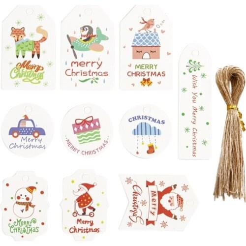 200Pcs Christmas Gift Wrap Paper Tags with String Rope Assorted Cartoon Santa Animal Patterns Hanging Cards Label Xmas Tree Deco