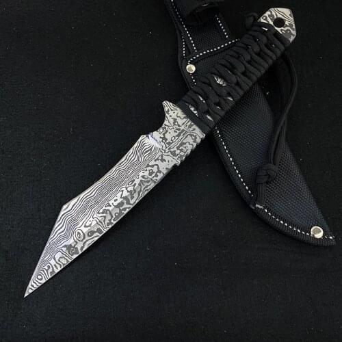 Damascus Pattern 440C Tanto Fixed Blade Outdoor Tactical Hunting Knife With Nylon Sheath,Camping Multi-tool Pocket Fishing Knife