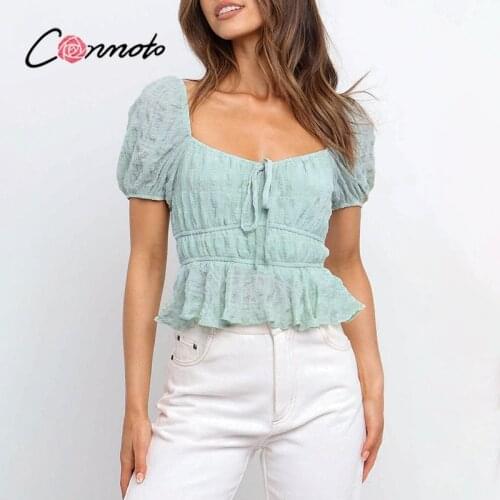 Conmoto Elegant casual green pleated chiffon shirt summer Ruffled puff sleeves square neck t-shirts women Holiday short top bow