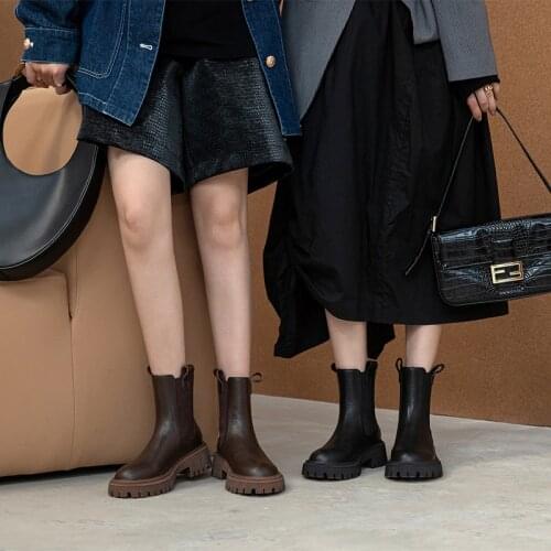 2021 Winter Women Ankle Boots Round Toe Thick Heel Boots Women Platform Shoes Grown Casual Women Boots Genuine Leather