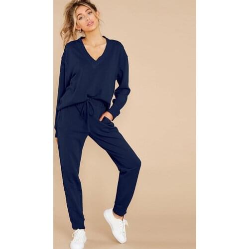 Women Matching Sets Autumn 2021 Long Sleeve V-Neck Loose Solid Color Winter Casual Pant Sets Female Homewear Outwear Chic C2841