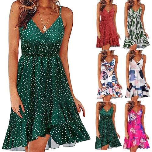 Summer dress 2021 Womens V-Neck Floral Print Strap Summer Casual Swing Dress With Ruffle Dress midi dress dresses сарафан