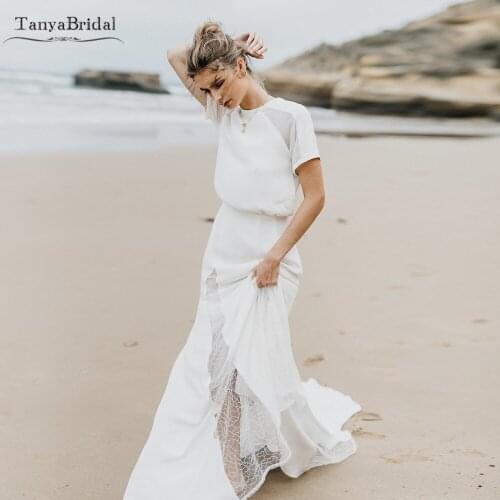 Simple Morden Wedding Dress Short sleeve Mermaid Bridal Gowns Robe de soriee Bohemian Beach Dress DW249