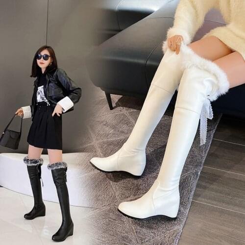 2021 New Ladies Platform Knee High Boots Fashion Slope heel Fur Boots Women Party Office Sexy Boots Woman Big Size 34 -43