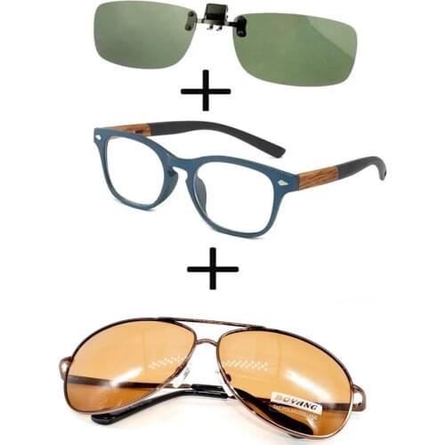 3Pcs!!! Comfortable Wooden Squared Frame Reading Glasses for Men Women + Alloy Polarized Sunglasses Pillot + Sunglasses Clip