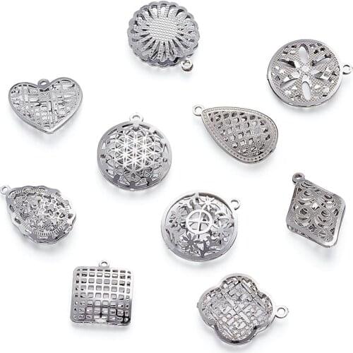 50pcs 304 Stainless Steel Heart Oval Round Drop Shape Hollow Pendants Charms for DIY Keychain Earrings Necklace Jewelry Making