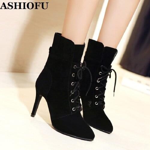 ASHIOFU New Hot Womens High Heels Boots Fashion Pointed Frosted Lace-up Martin Boots Temperament Style Evening Short Boots Shoes