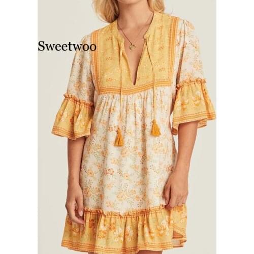Bohemian Floral Print Mini Dress Women Sashes Tassels V Neck Half Sleeve Boho Women Dresses Female 2020 Summer Autumn