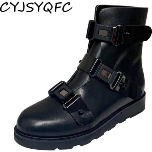 CYJSYQFC Autumn Flat Platform Women Martin Boots Round Toe Thick Bottom Buckle Strap Ankle Boots Black Short Tube Couple Shoes
