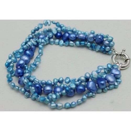 Wedding Woman Jewelry Pearl 5 Strand Bracelet 8mm Bright Blue Baroque Natural Freshwater Pearl Bracelet