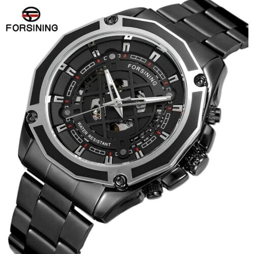 Forsining 2020 Men Watch Combination Transparent Luminous Hand Black Steel Strap Mens Automatic Skeleton Watches Montre Homme