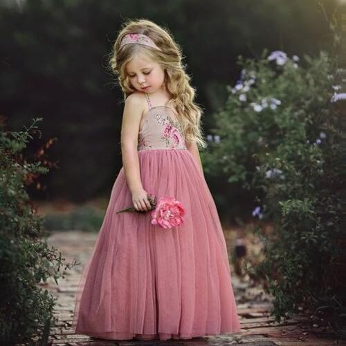 Flower Girls Strap Sleeveless Dress Kids Baby Floral Lace Long Dress Party Dresses Children Kids Fashion Dress