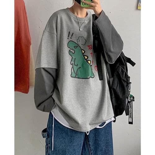 Spring Autumn Long-sleeved T-shirt Couple Tshirt Women Korean Loose Men Fake Two Piece Clothes Harajuku Vintage Gothic Tops
