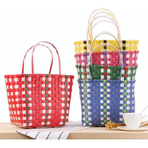 Plaid Striped Handbag Shopping Basket Colorful Waterproof Vacation Beach Woven Casual Straw Bag