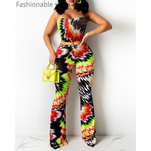 Sexy Two Piece Set Women Multicolor Print Sleeveless Bandeau Crop Top & High Waist Pants Sets